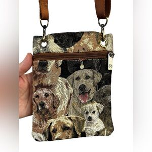 Signare Tapestry Labrador Dog Crossbody Purse Bag Brown Cream Adjustable 5"x7.5"